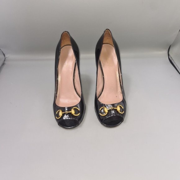 GUCCI Horsebit Heels Size UK 5.5 EU 38.5 Black Patent Leather Peep-Toe Stiletto - Picture 3 of 12